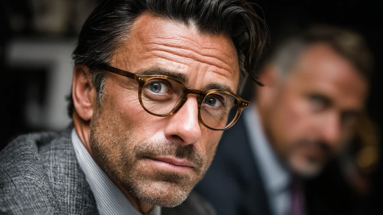 Intense Close-up Portraits of a Thoughtful Man Wearing Glasses, Highlighting Emotion and Reflection in a Professional Setting