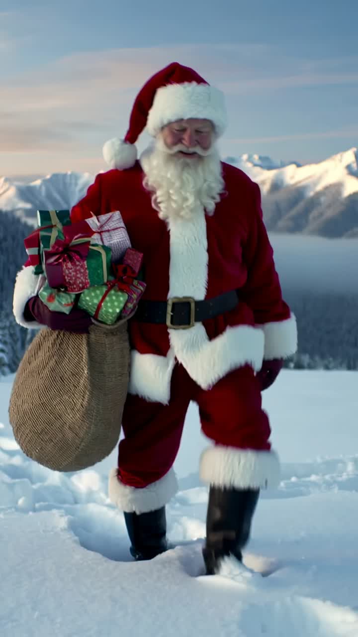 Vertical video: Starting on snowy mountain slope, Santa Claus striding and delivering gift boxes