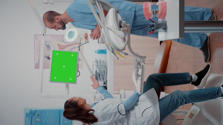 Vertical video: Dentist and assistant working with green screen on display