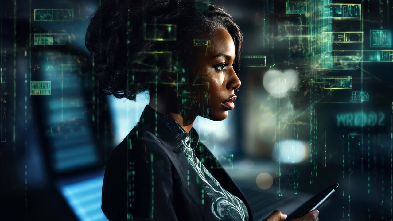 Professional Black Woman with Futuristic Digital Data Overlay