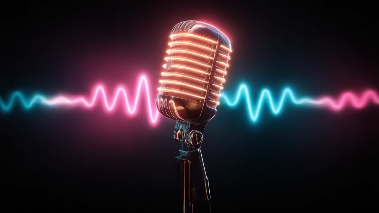 A Stunning Vintage Microphone with Vibrant Neon Sound Waves in a Dynamic Audio Environment, Capturing the Essence of Music and Performance in a Visual Symphony