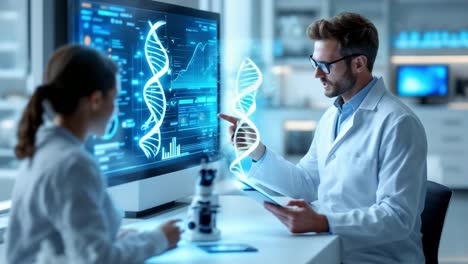 male and female scientists in white lab coats are engaged in analyzing dna data displayed on a digital screen in a modern laboratory, surrounded by advanced equipment and technology