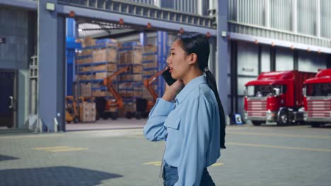 side view asian female professional worker standing, outside of logistics distributions warehouse, she pick the phone up and started to specking to it with a slicely smile
