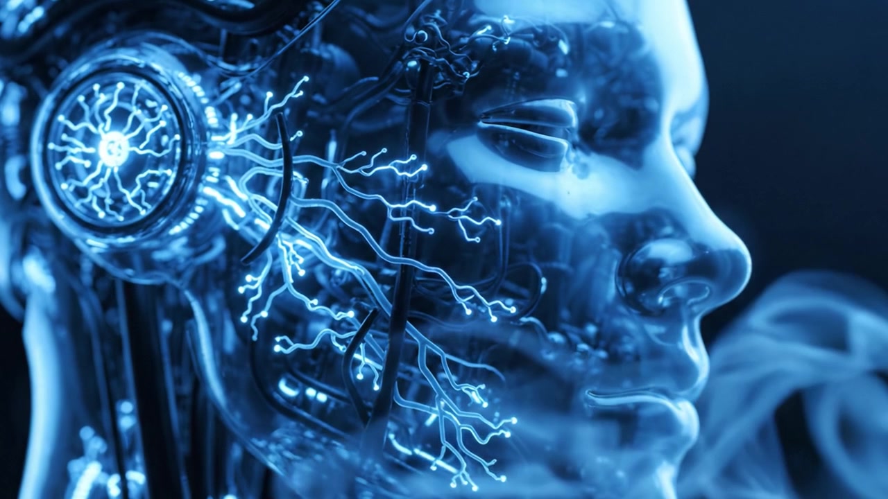 Exploring the Intricate Features of a Futuristic Cybernetic Face, Highlighting the Fusion of Human-like Characteristics and Advanced Technology in a Stunning Digital Art Presentation