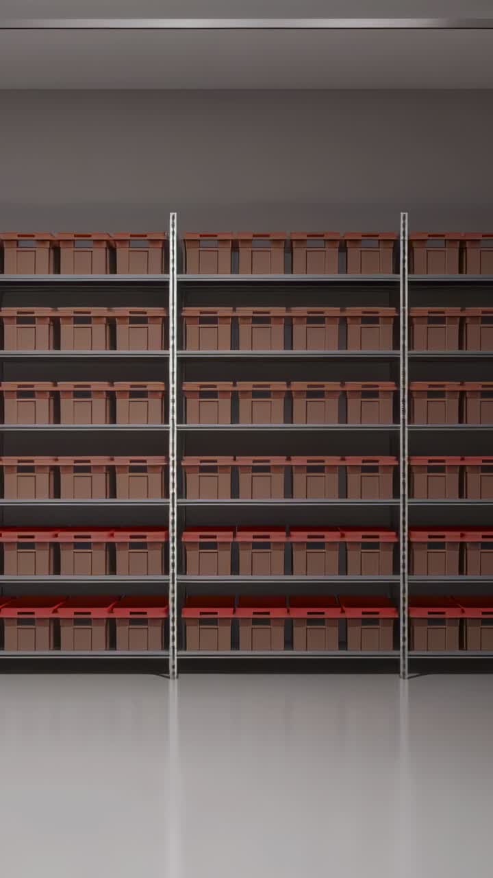 Video verticale: zoom della camera che rivela uno scaffale con scatole marroni e vassoi rossi nel retrobottega che mostrano l'ordine