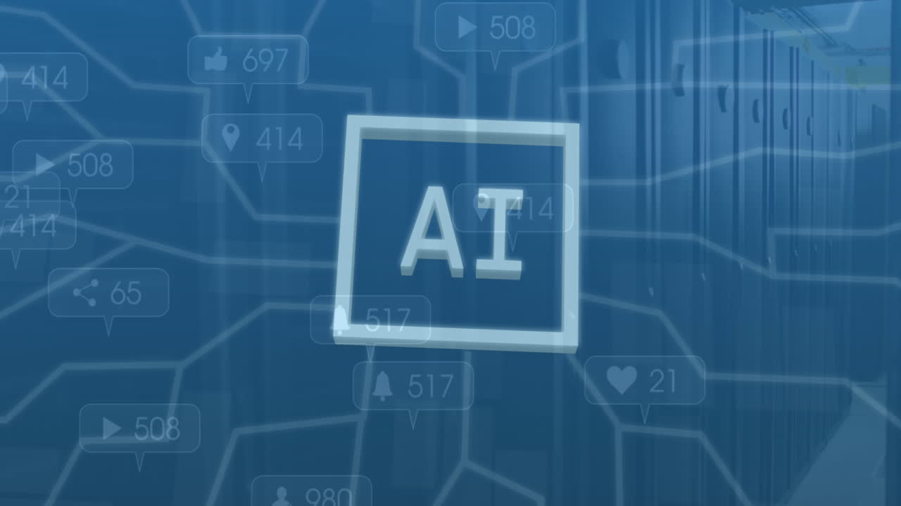 animación de un procesamiento de datos e iconos a través de servidores informáticos