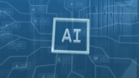 Animation of ai data processing and icons over computer servers