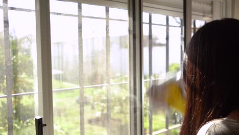 woman cleaning window glass with cloth - close up shot