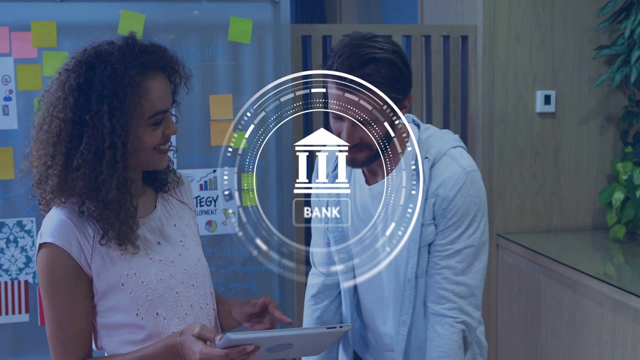 Woman holding tablet, man leaning and tapping with bank HUD appearing, approving finance prototype