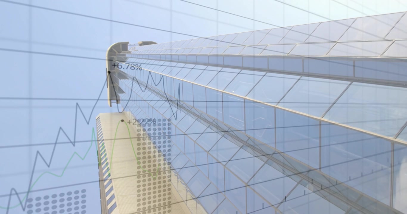 Grid fading in triggers glass tower showing animated financial charts pulsing to show market trends
