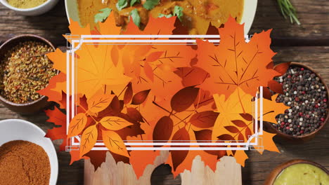 animation of fall leaves in white frame over bowl of food