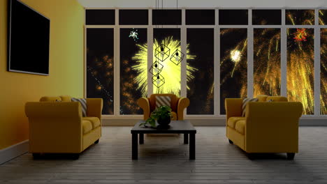 animation of modern interior with yellow christmas and new year fireworks exploding in night sky