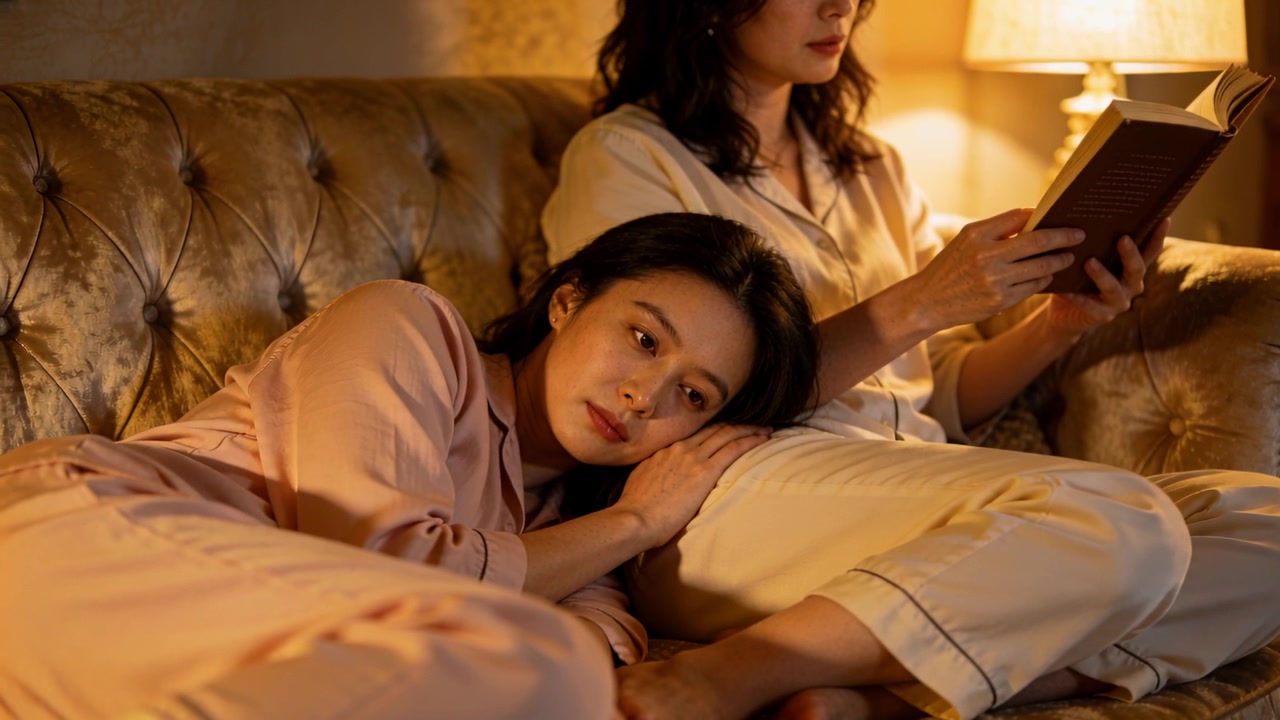 自宅のソファで服を着てうたた寝する女性と、ランプの光で読書するパートナー。ソファには本。