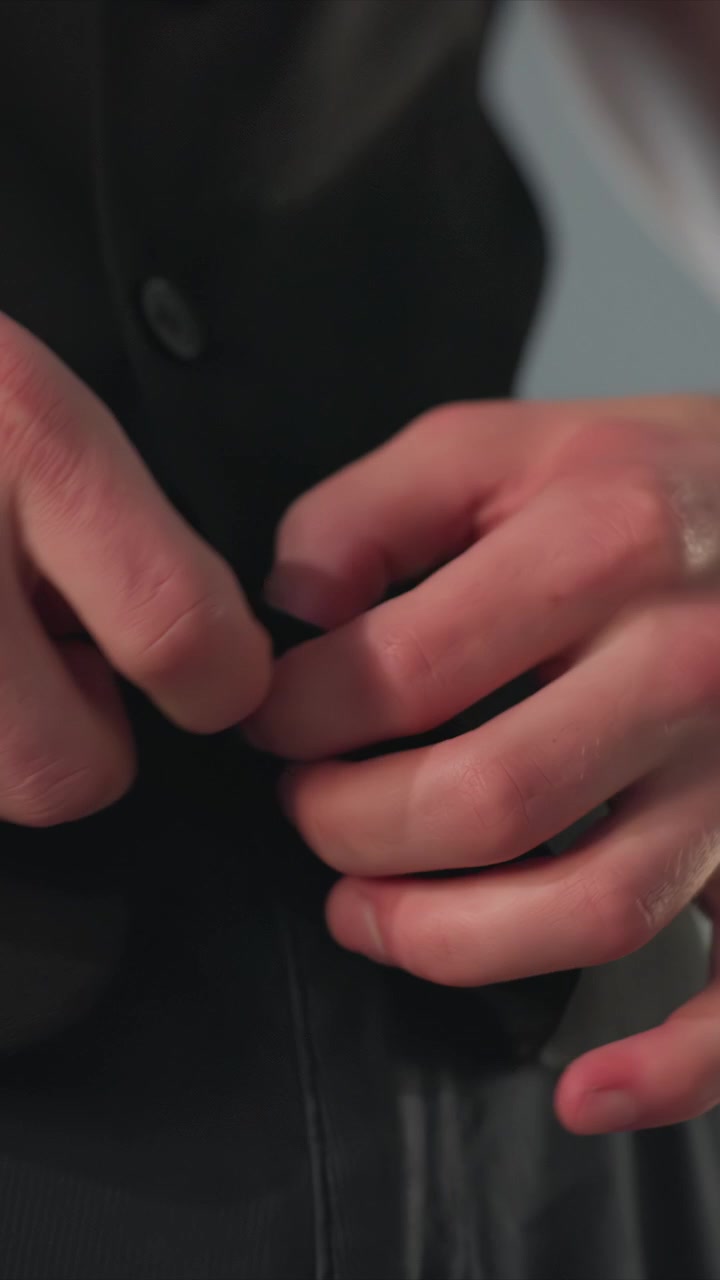 Close up of man hands adjusting and buttoning lapels. Focus remains steady highlighting precise hand movements. Bright light source in background creates contrast