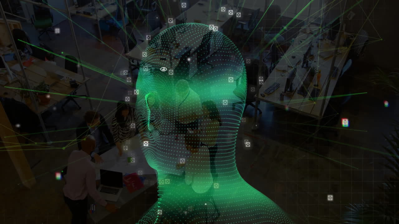 Team collaborating around laptops in tech hub, displaying holographic head grid with data nodes