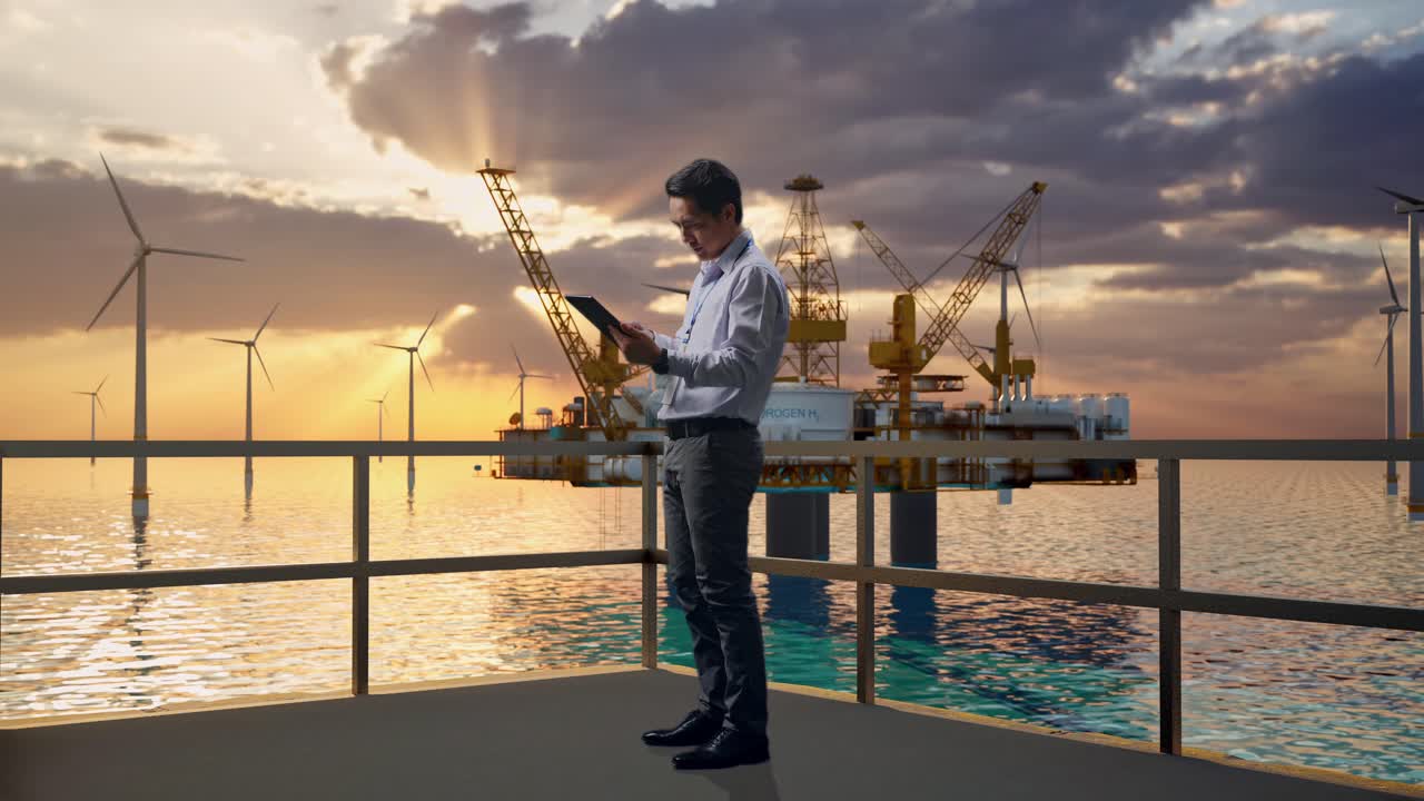 아시안 남성 직업 노동자가 태블릿을 들고 서서 하이테크 산업 시설의 해상 수소 생산과 함께 지속적으로 태블릿과 함께 일합니다.