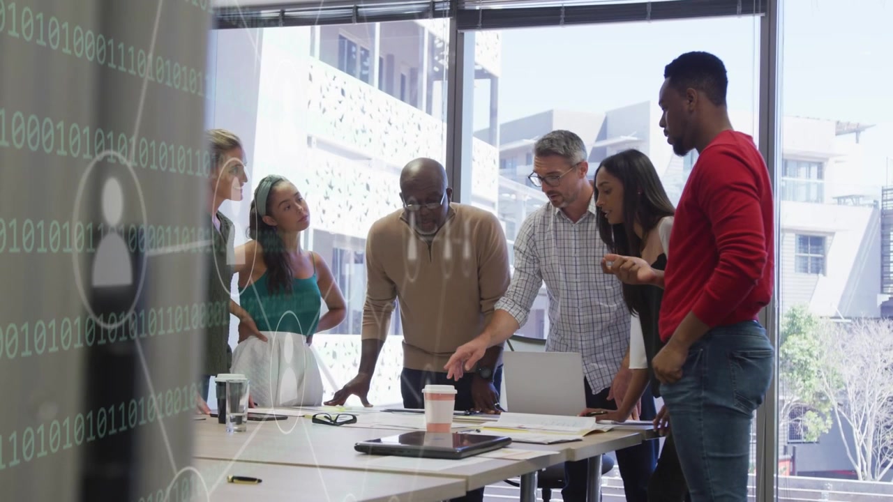 Vertical video: Business team leaning table after man pointing charts, icons highlighting decision