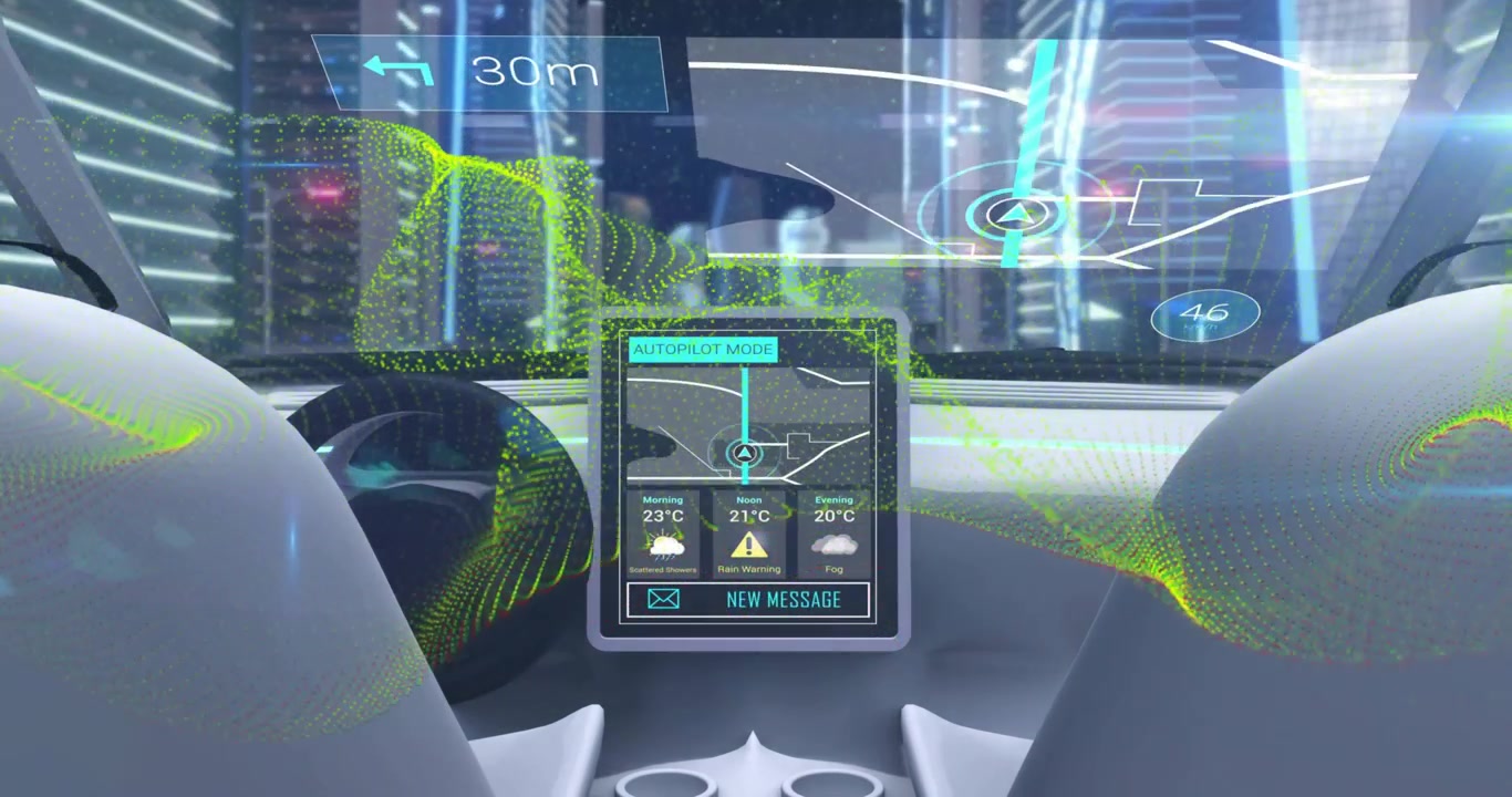 Display detecting left turn in 35m, toggling messages and streaming neon data wave to guide car