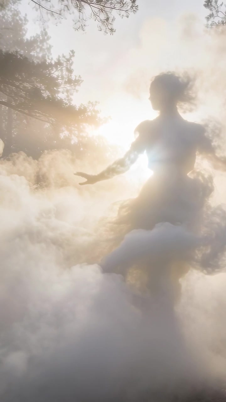 Video vertical: Figura de niebla formándose y reaccionando al sol, moviéndose en un pinar con ramas, con un velo de niebla.