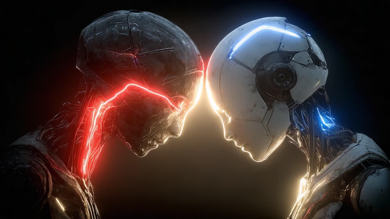 Un incontro affascinante tra due androidi futuristici: un'esplorazione visiva di connessione e contrasto tra tecnologia ed emozione