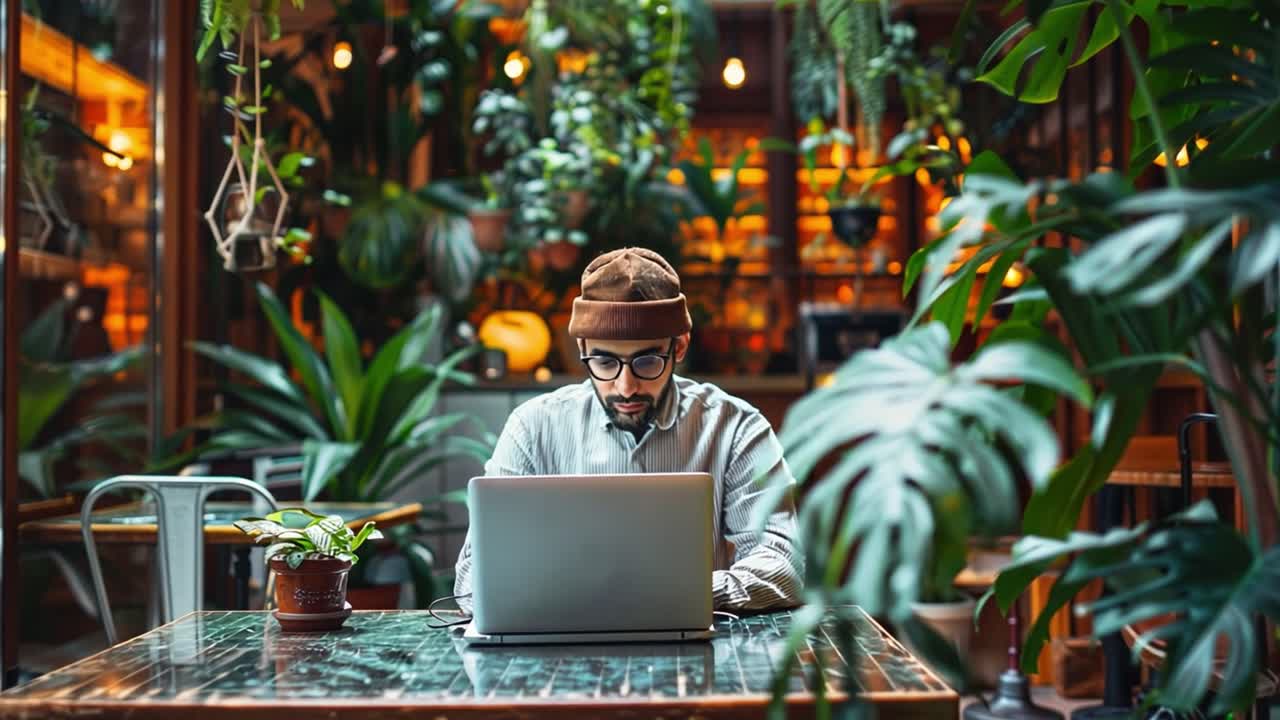 Man working on a laptop in a plant-filled cafe