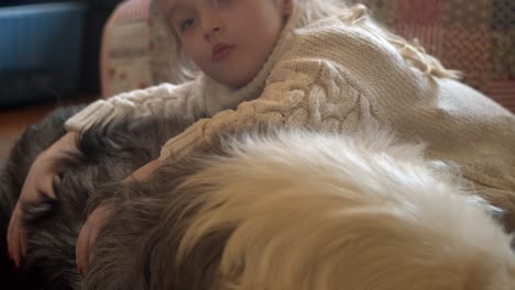 girl affectionately lays on back of australian shepherd dog at home