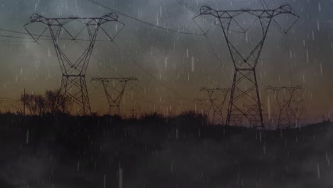 Animation-of-heavy-rain,-storm-with-yellow-lightning-and-grey-clouds-over-electric-pylons