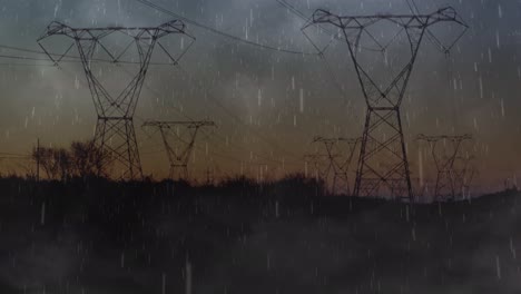 animación de lluvia fuerte, tormenta con relámpagos amarillos y nubes grises sobre torres eléctricas