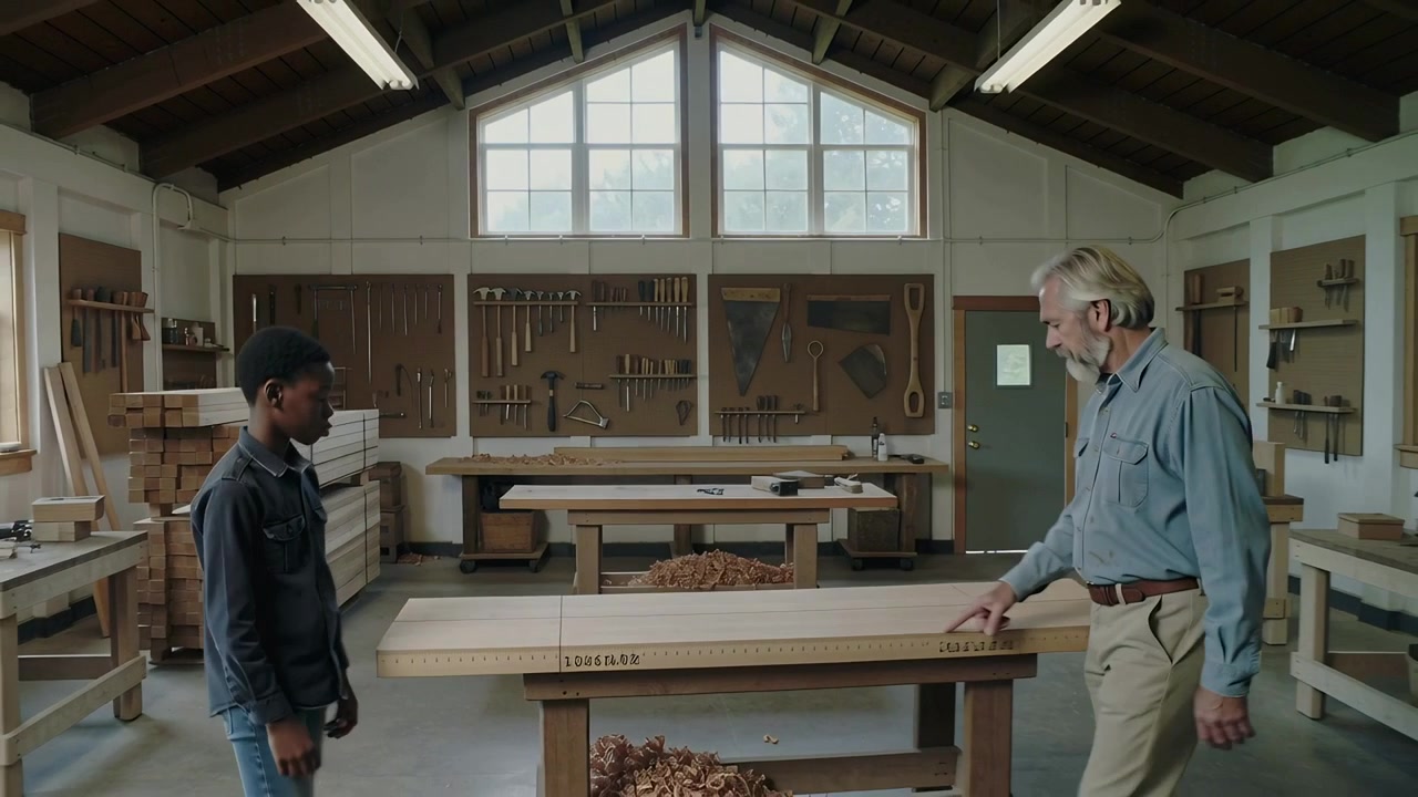 Pointing to mark, mentor in blue shirt teaching teen at bench, stepping apart, surveying plank