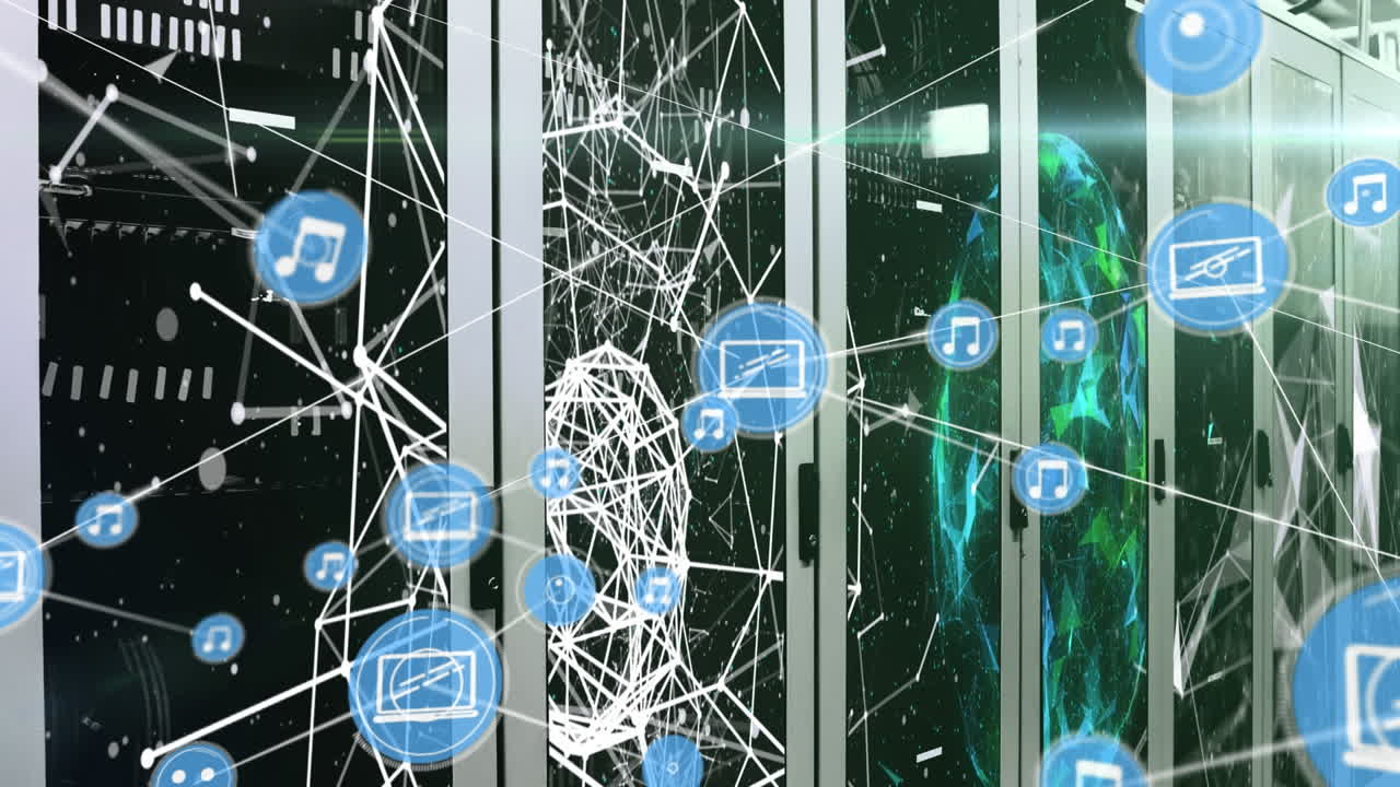 연결 네트워크의 애니메이션과 서버 객실 위에 내리는 눈