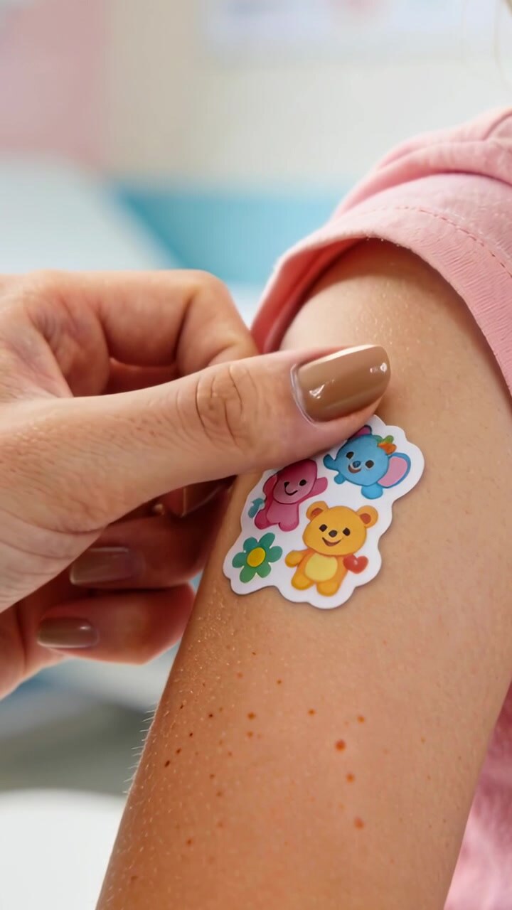 Vertical video: Offering adult hand placing sticker on child's pink sleeve at clinic as reward