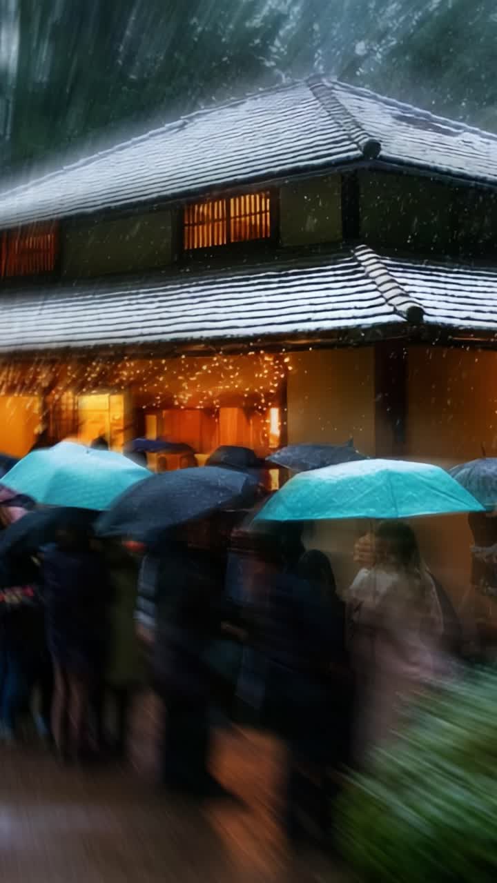 A Crowd of Umbrellas in Motion Near a Cozy, Snow-Covered Building with Warm Lights, Captured during a Snowy Evening, Showcasing the Ambiance of a Winter Gathering with Movement and Emotion