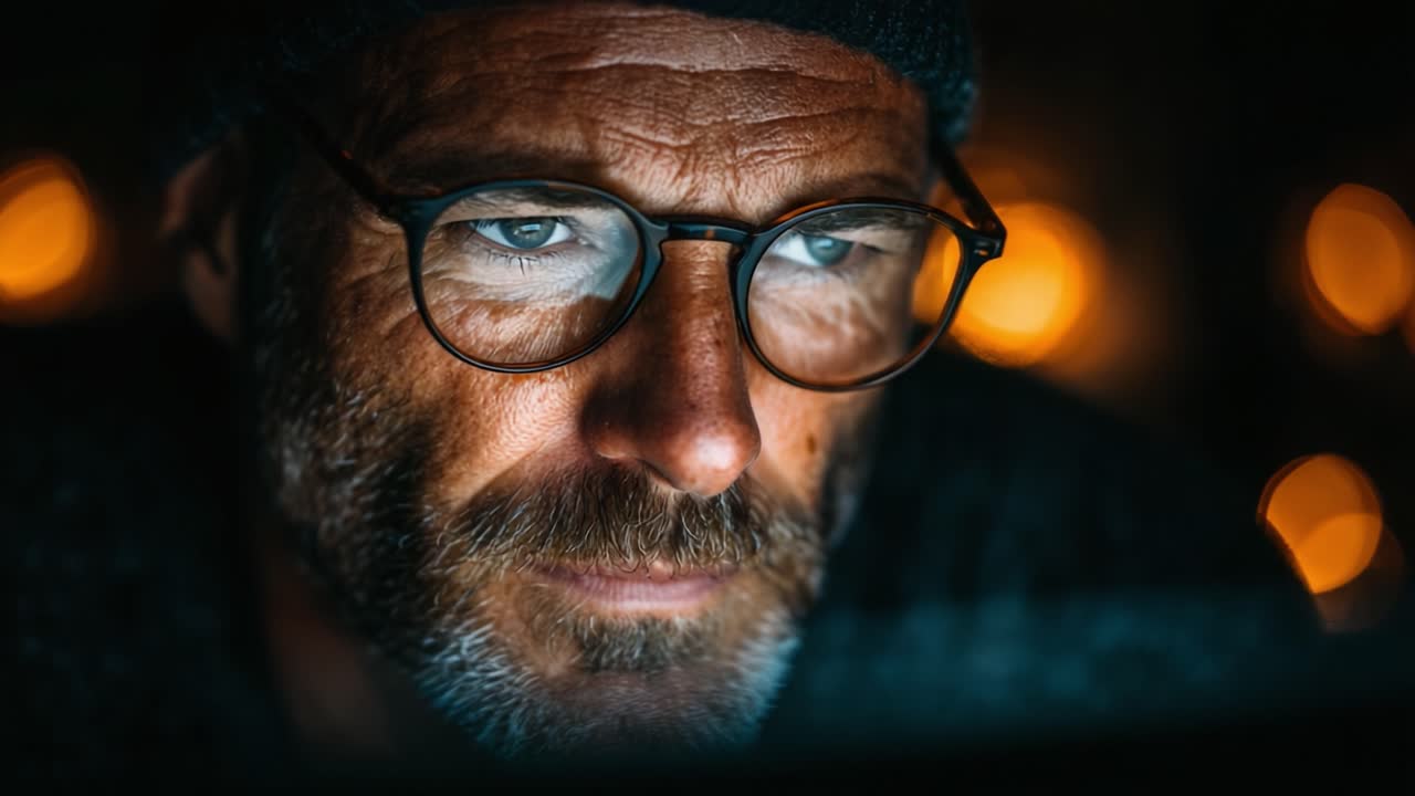 Intense Focus: A Close-Up Portrait of a Man Engrossed in Thought While Working on a Computer in a Dimly Lit Room with Warm Background Lights