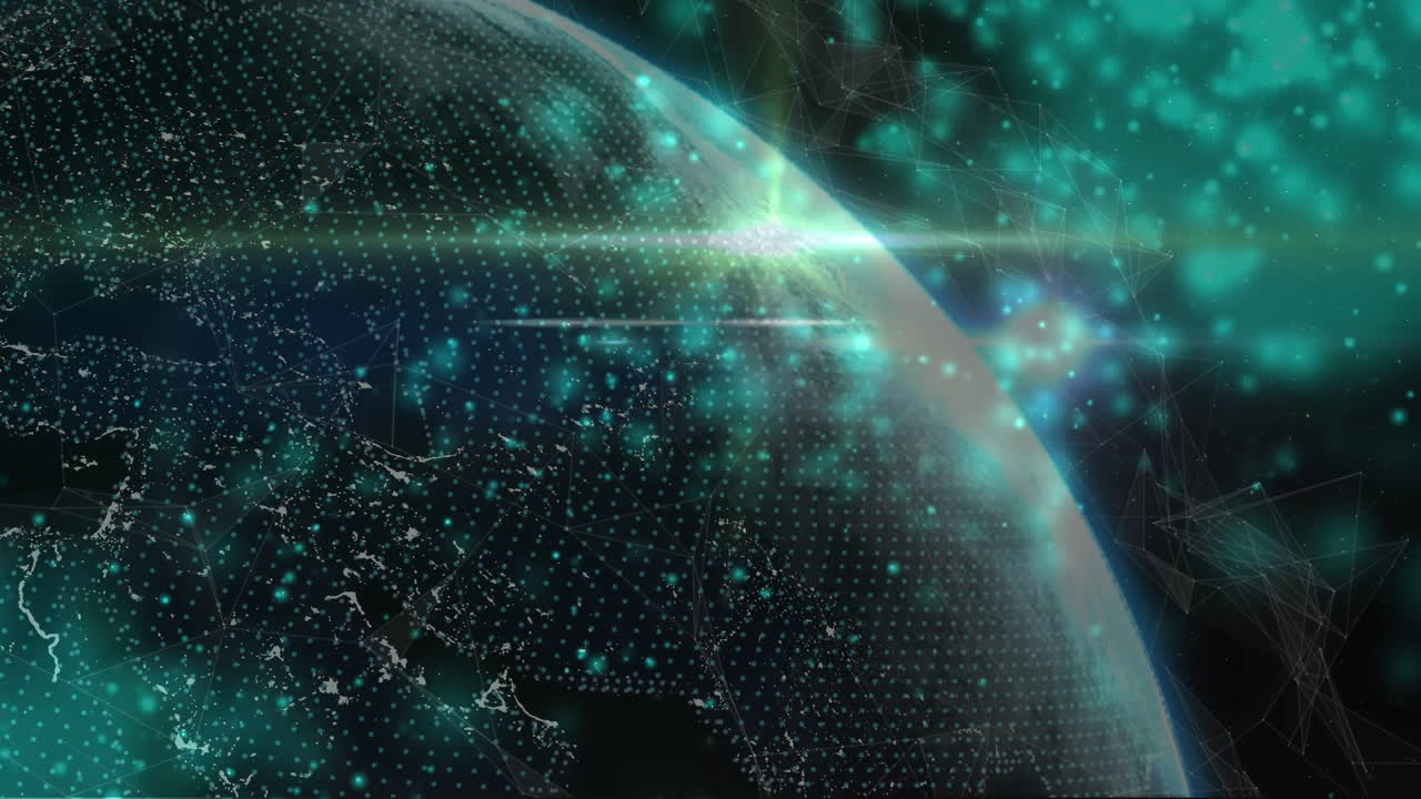 Animation of particles over connected dots around rotating globe over black background