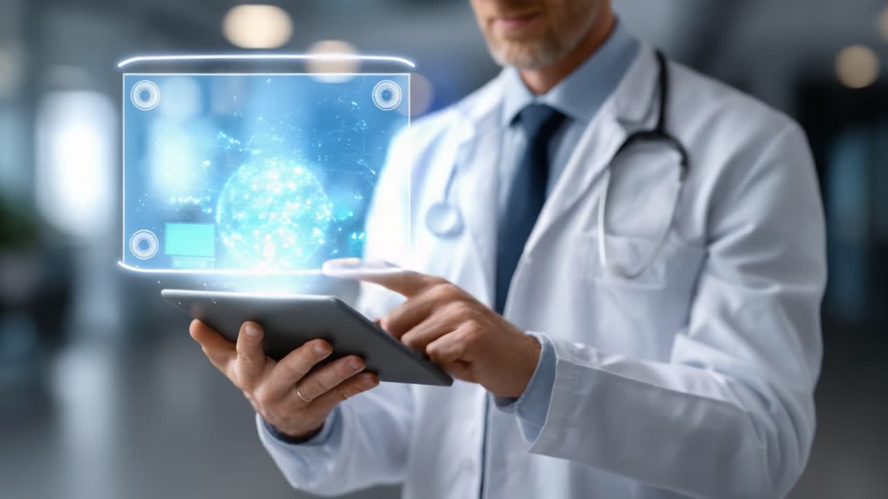 Un profesional de la salud interactúa de manera innovadora con tecnología digital avanzada a través de una tablet, mostrando un enfoque futurista en la interacción de datos médicos y el cuidado del paciente.
