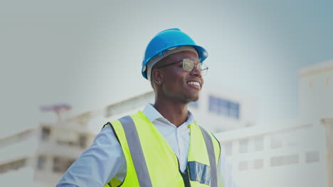 Happy-black-man,-engineer-and-construction