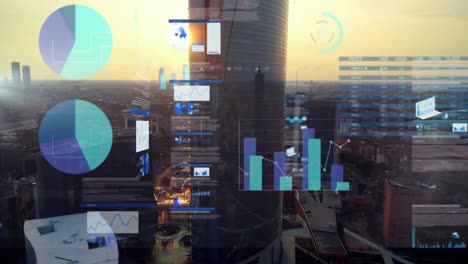 animation of statistics and data processing over cityscape