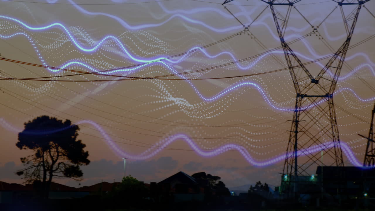 Animation of glowing waves overlaying silhouetted power lines against sky