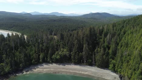 Hermosas-Vistas-Panorámicas-Sobre-El-Bosque-En-La-Isla-Moresby-En-Canadá-Con-Una-Vista-Inclinada-Hacia-Abajo-Que-Revela-La-Playa