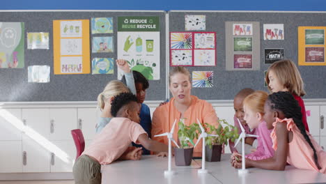 in school, female teacher and students discussing wind turbines and plants in classroom