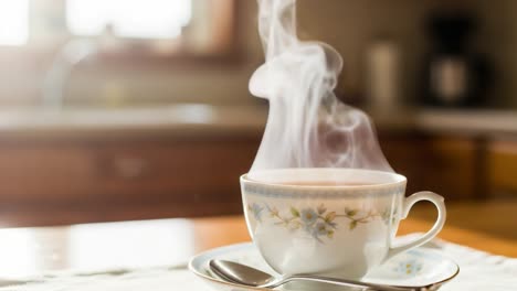 a beautifully steaming cup of tea sitting elegantly on a table, capturing the warm atmosphere and serenity of a cozy home setting