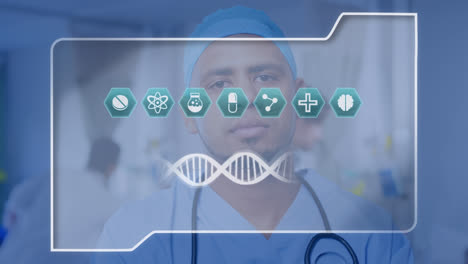 animación de cadena de adn, iconos médicos y procesamiento de datos sobre médico masculino biracial