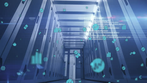 multiple digital icons against server room