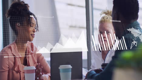 animation of financial data processing over diverse business people in office