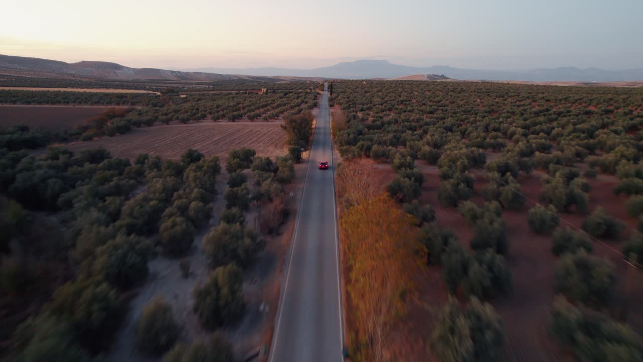스페인 말라가 지방의 시골 길을 건너는 빨간 자동차의 드론 샷