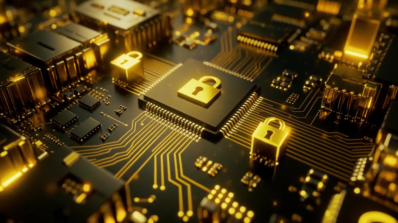 Glowing Golden Padlock Icons on a Futuristic Computer Circuit Board