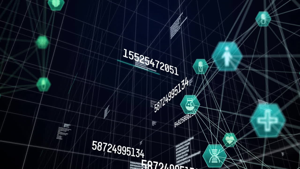 아이콘과 데이터 처리를 가진 연결 네트워크의 지구의 애니메이션