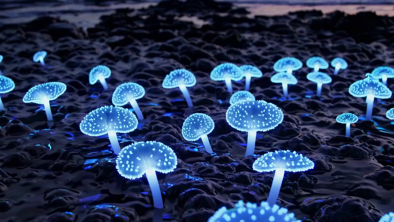 Funghi bioluminescenti che brillano su una spiaggia buia al crepuscolo