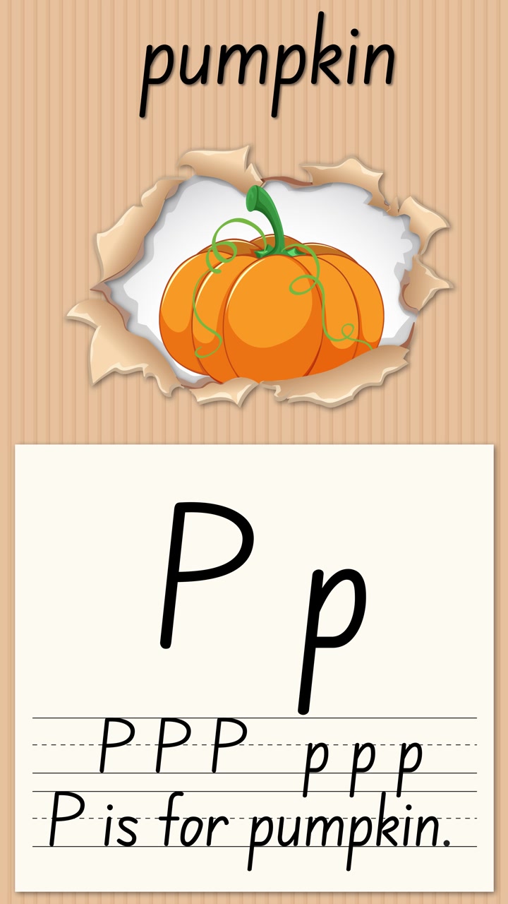 Video educativo animato che insegna la lettera P utilizzando un'illustrazione di zucca su uno sfondo di cartone.