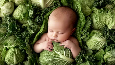 baby sleeping on a cabbage surrounded by green vegetables